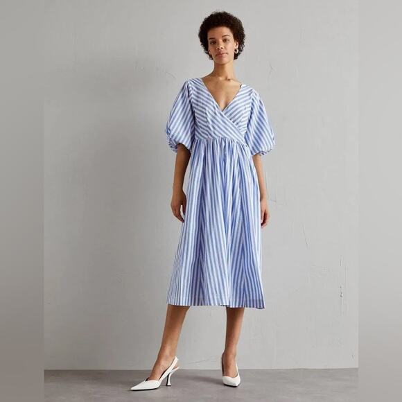 STAUD Jodie Midi Wrap Dress in Sea Stripe S - Picture 8 of 14
